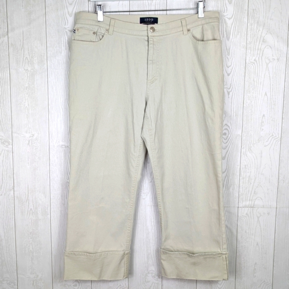Izod Jeans Stretch Cuffed Capris Size 14 Light Tan Color Jean Like Fabric
